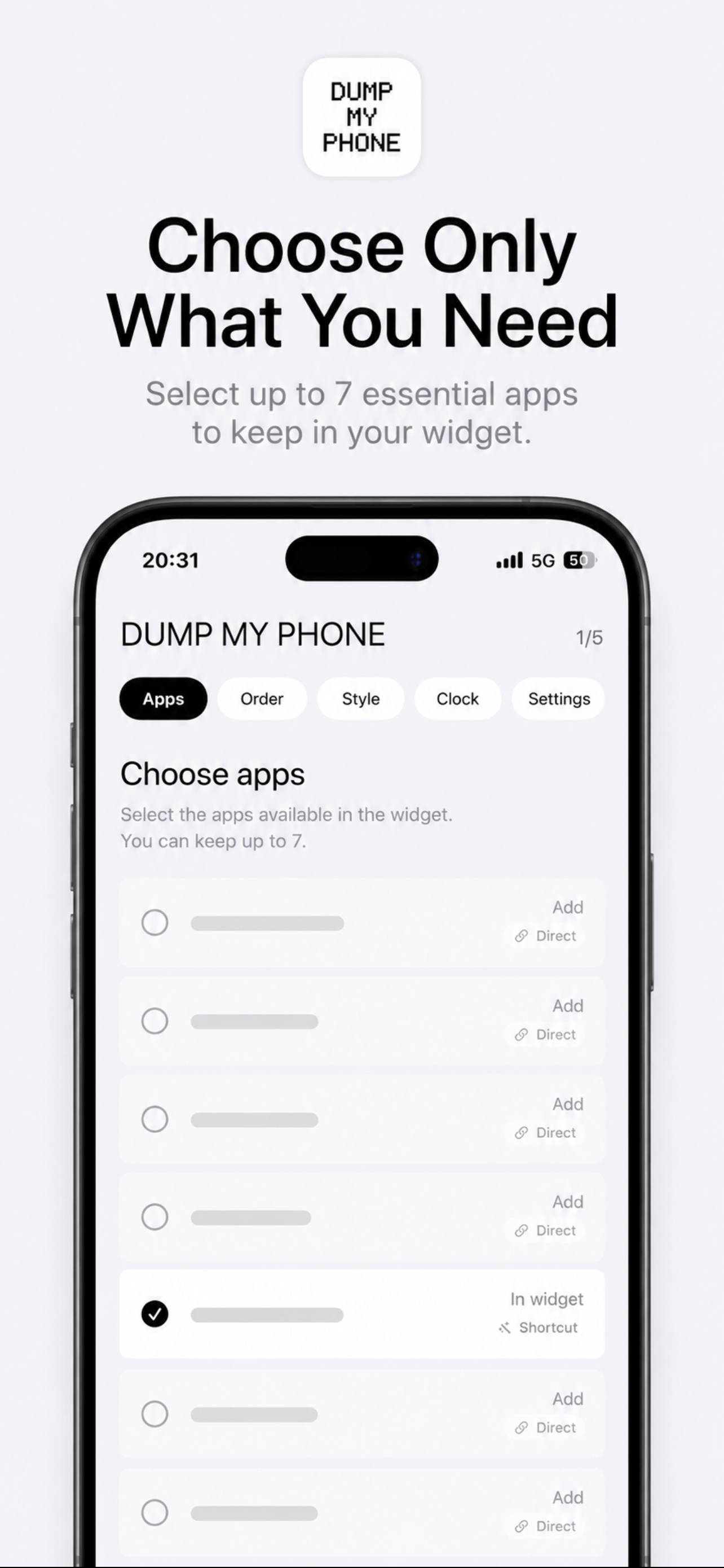 Choosing essential apps in Dump My Phone